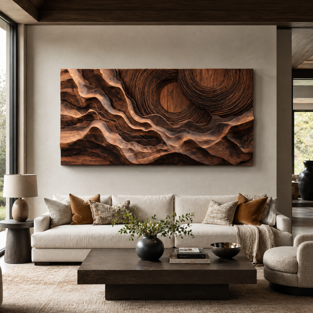 Abstract Sculptural Wood Wall Art With Carved Landscape For Interior