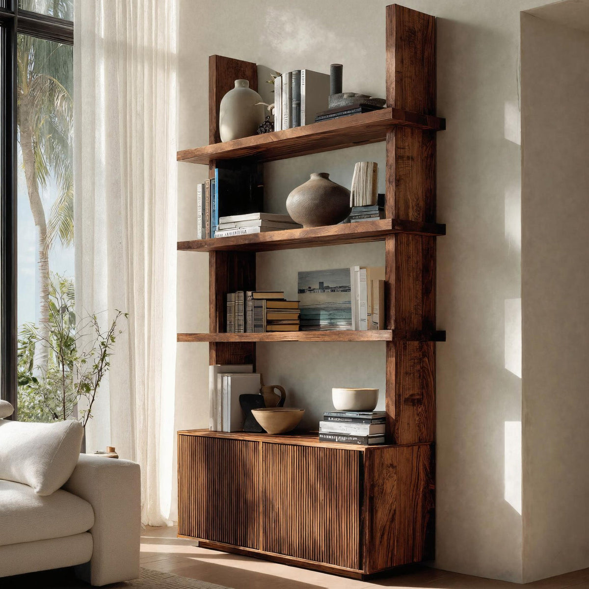 Contemporary Fluted Wood Bookshelf For Living Decor