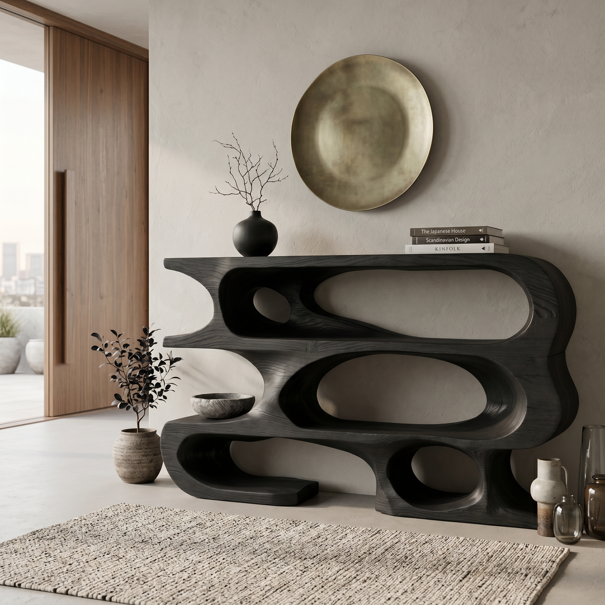 Contemporary Console Table With Multi Level Open Shelves For Living