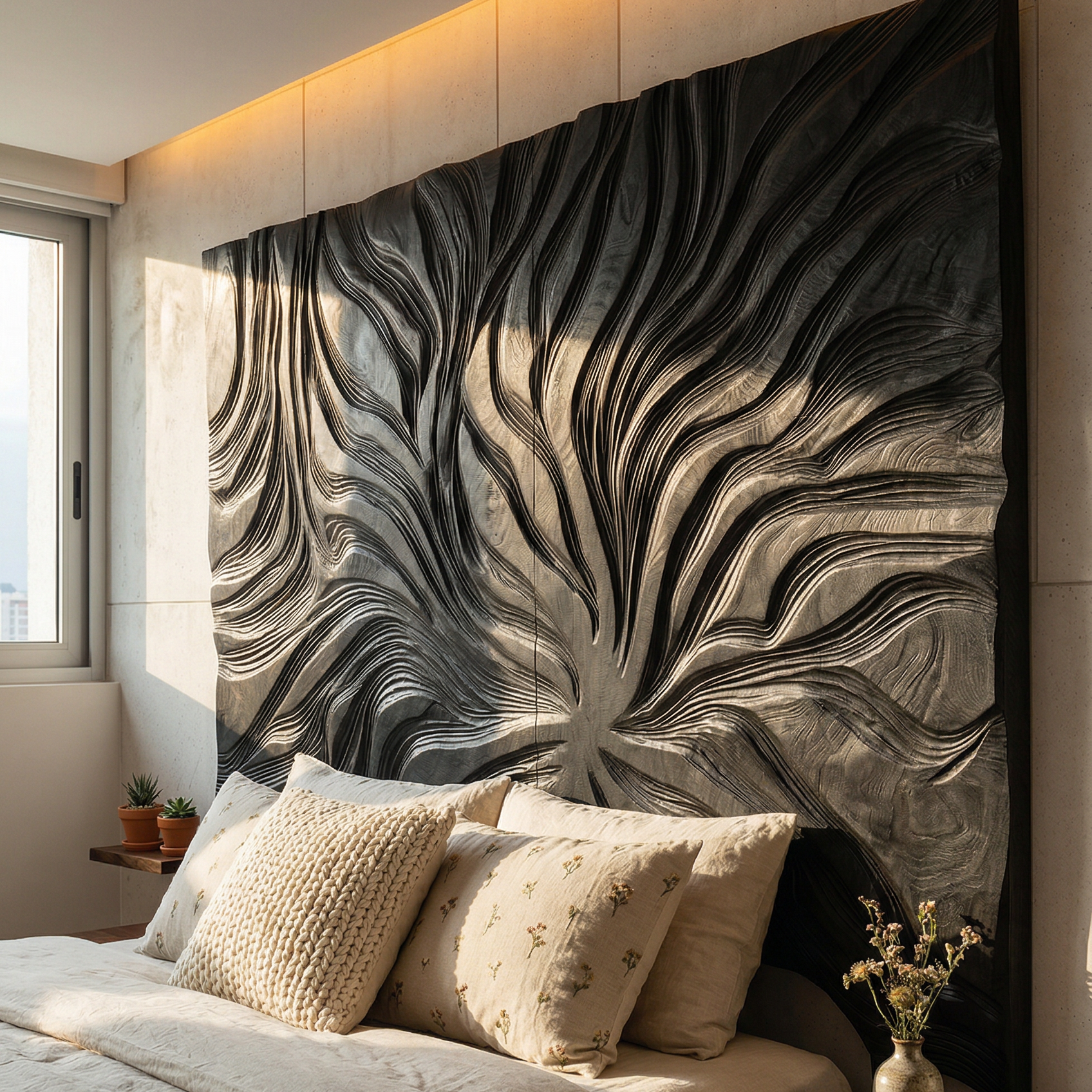Abstract Flowing Grain Wood Headboard For Modern Minimalist Bedroom
