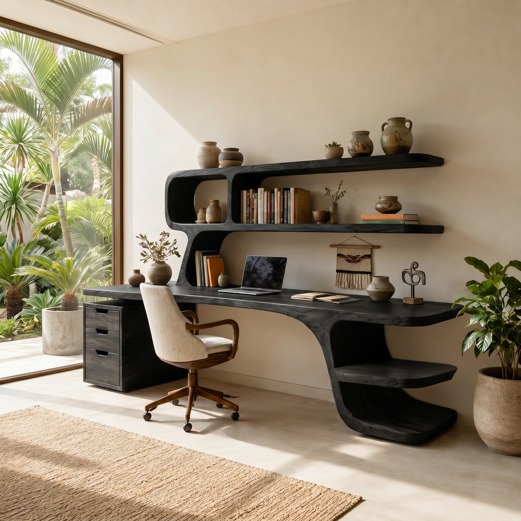 Contemporary Desk With Built In Bookshelves And Drawers For Workspace