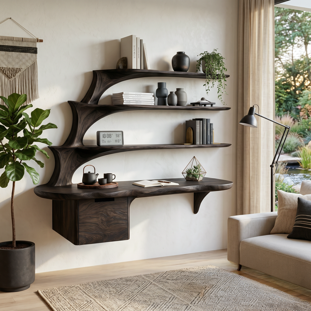 Contemporary Floating Desk With Display Shelves And Drawers For Workspace