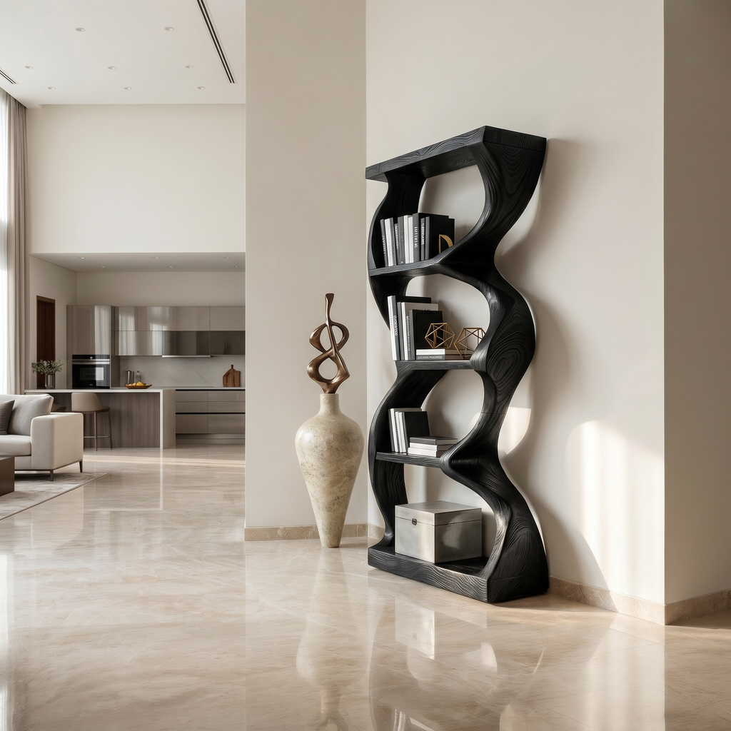 Coastal Inspired Curved Wooden Bookcase With Organic Form