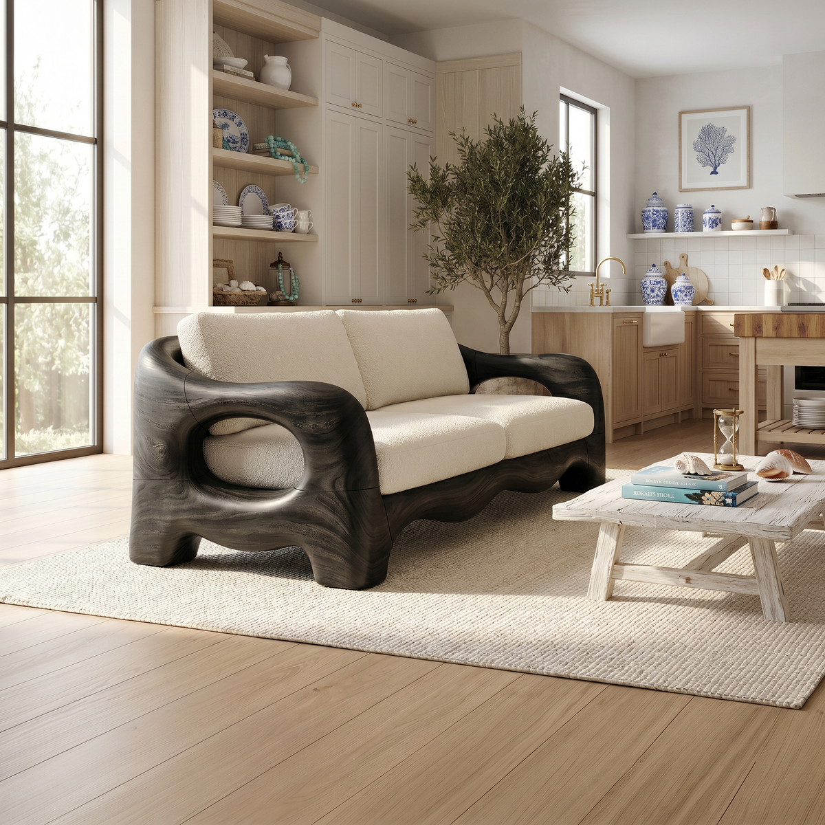Contemporary Curved Wood Sofa Urban Apartment Interior