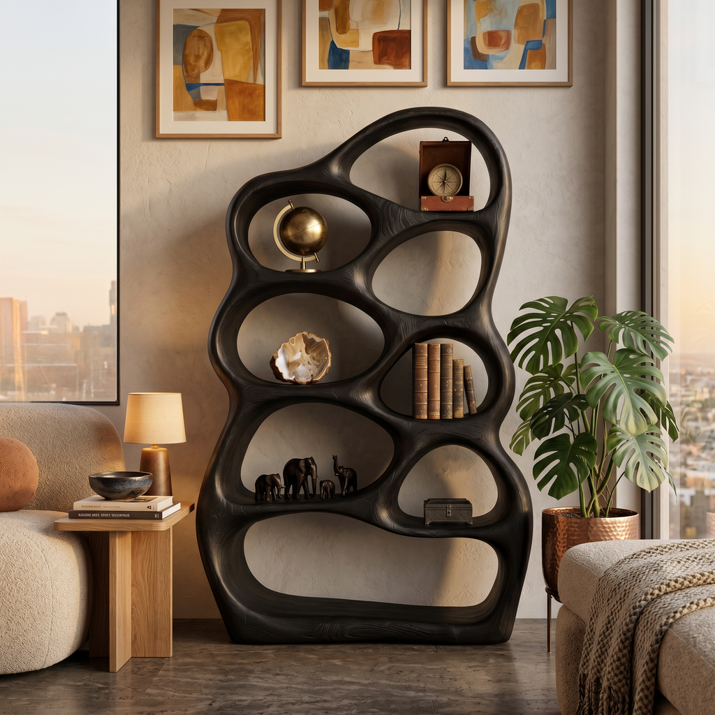 Artistic Sculptural Wood Bookshelf With Multi Tiers For Living Room