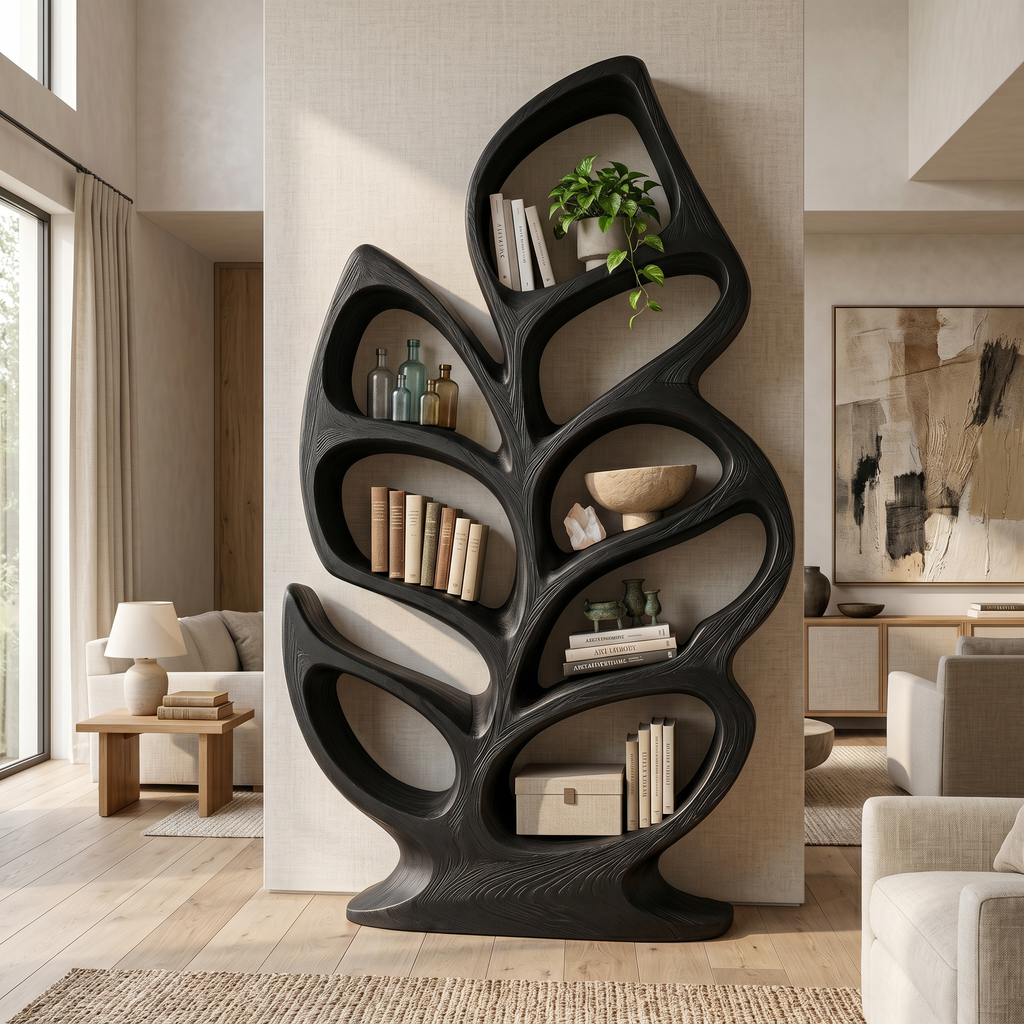 Contemporary Sculptural Bookcase For Stylish Entryway Interior