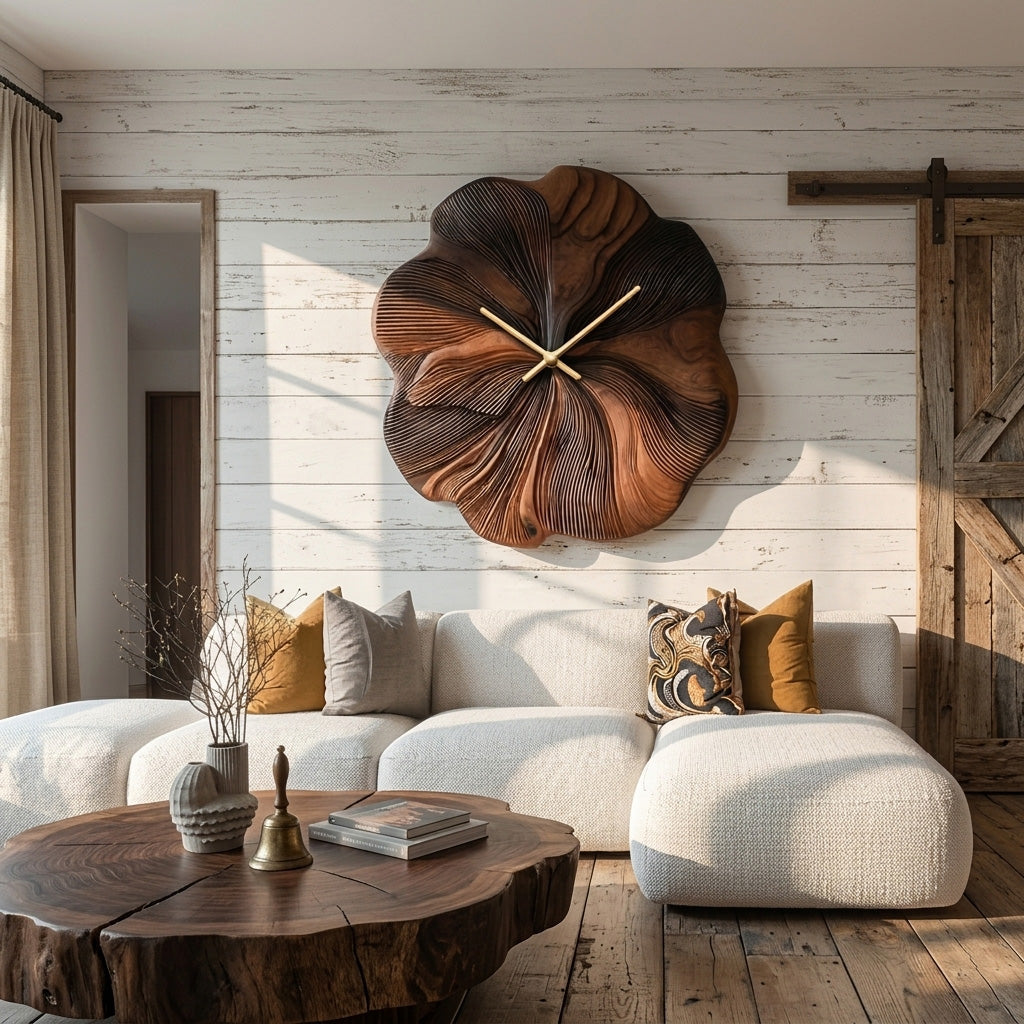 Contemporary Floral Wooden Wall Clock Decor For Living Room