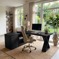 Contemporary L Shaped Desk With Wave Carved Cabinet For Home Office