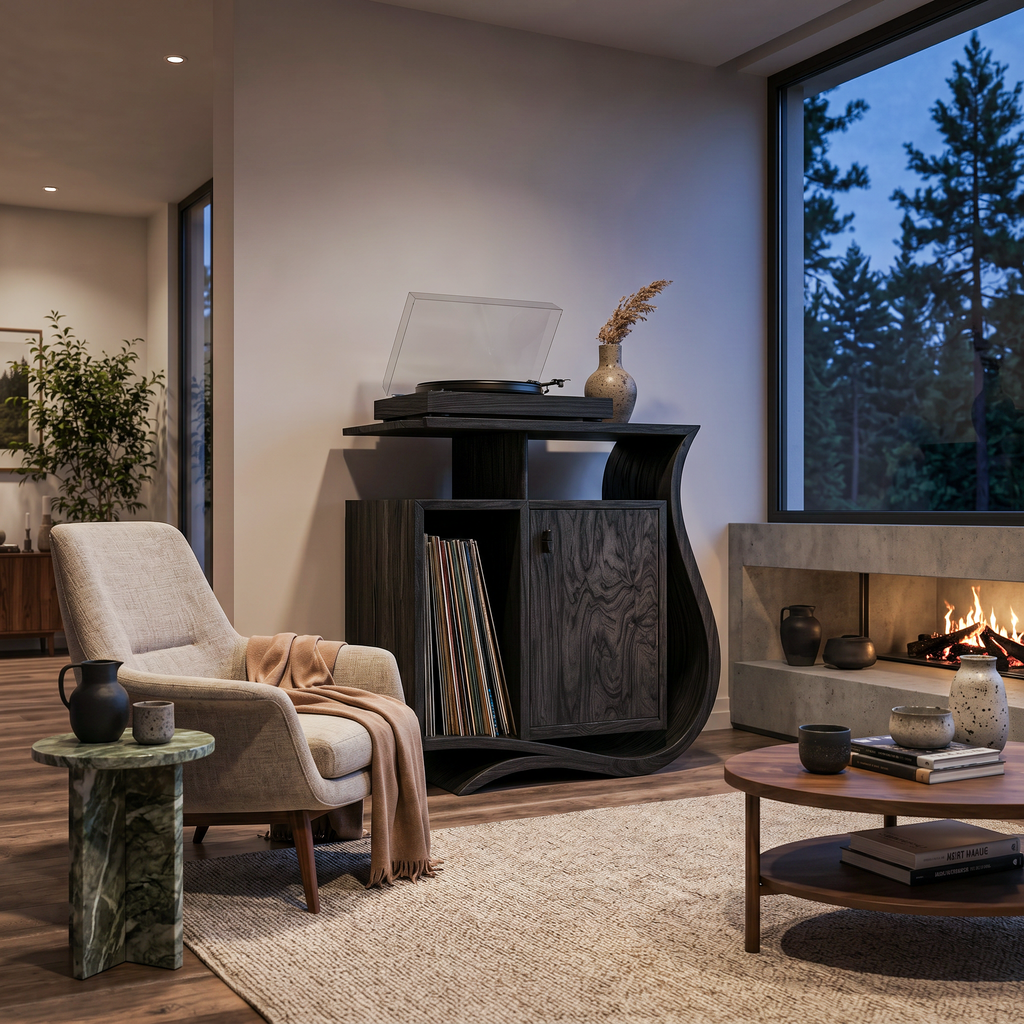 Contemporary Record Player Stand With Asymmetrical Form For Living Room