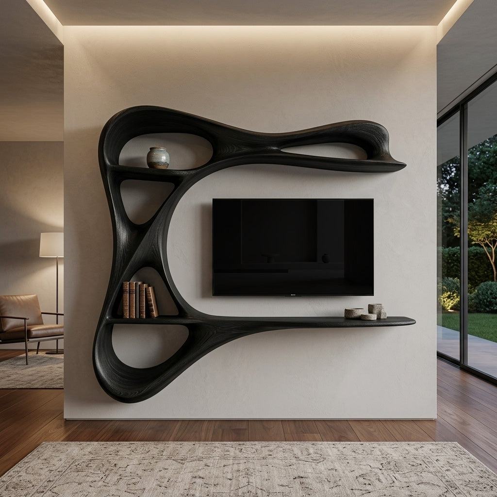 Contemporary Carved Frame TV Console With Integrated Shelves For Home