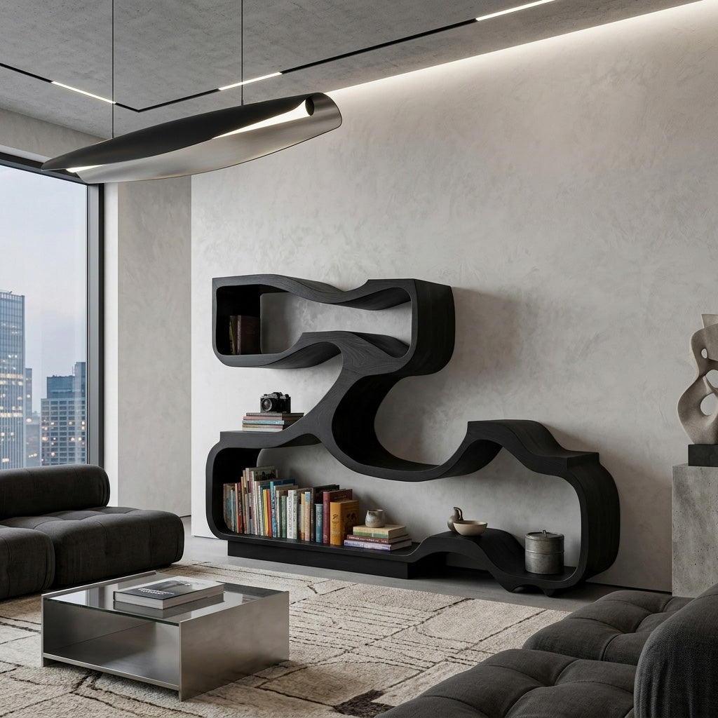 Artistic Bookshelf With Flowing Design For Living Room