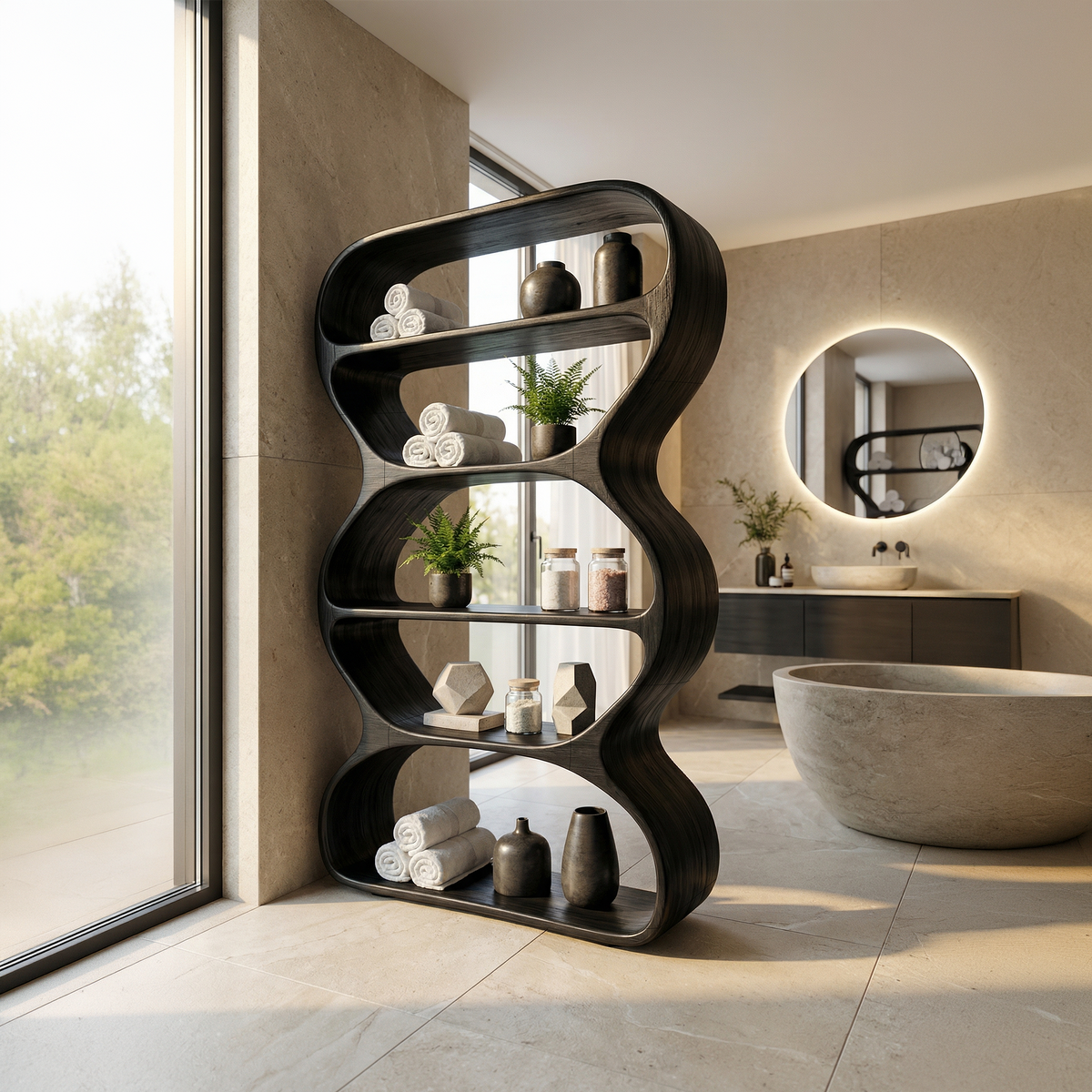 Contemporary Curved Bookshelf Living Room Display