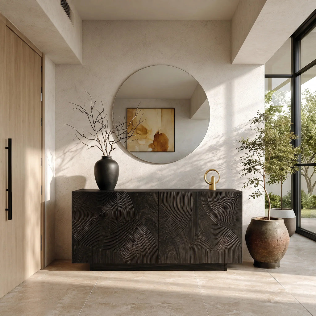 Contemporary Circular Ripple Carved Sideboard For Entryway