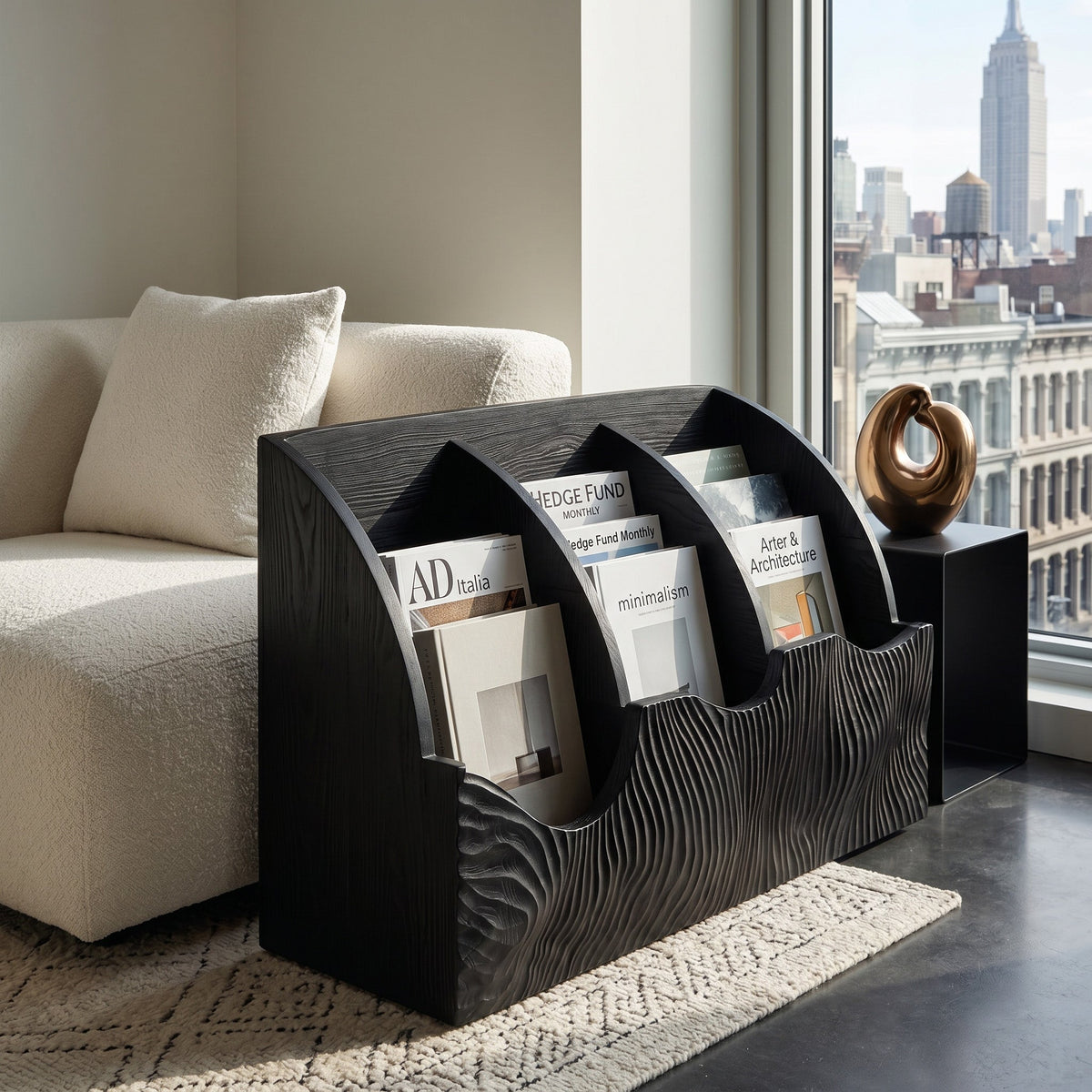 Contemporary Carved Curved Wood Magazine Rack For Living Room