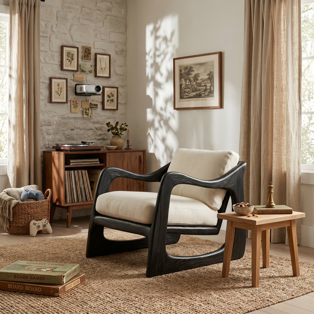 Coastal Luxury Accent Chair with Sculptural Wooden Craftsmanship