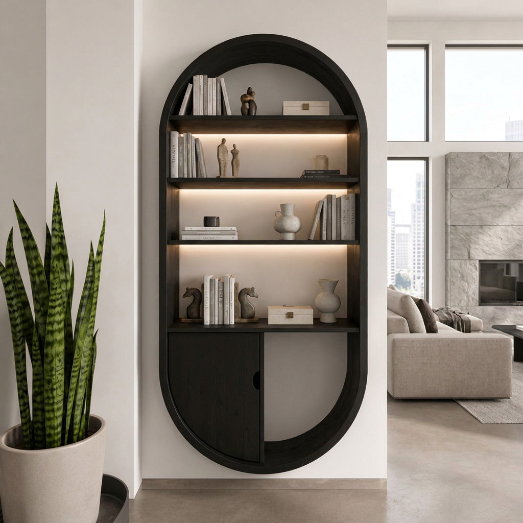 Arched Wooden Wall Bookshelf With Storage For Living Room