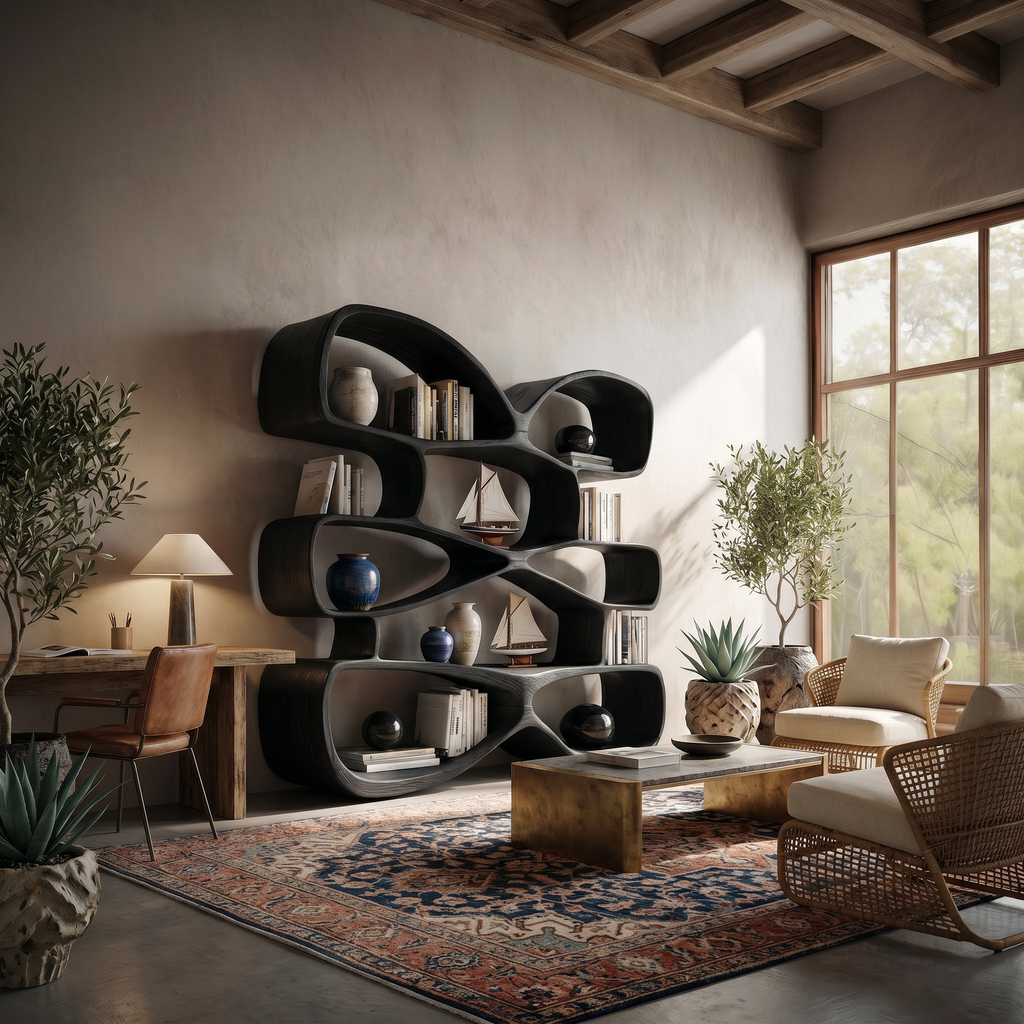 Contemporary Biomorphic Wooden Bookshelf In Fluid Design