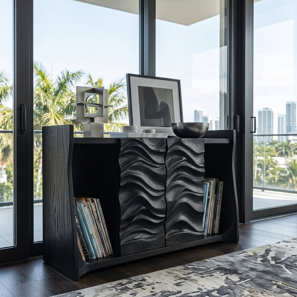 Contemporary Open Bookshelf With Carved Doors For Home Library