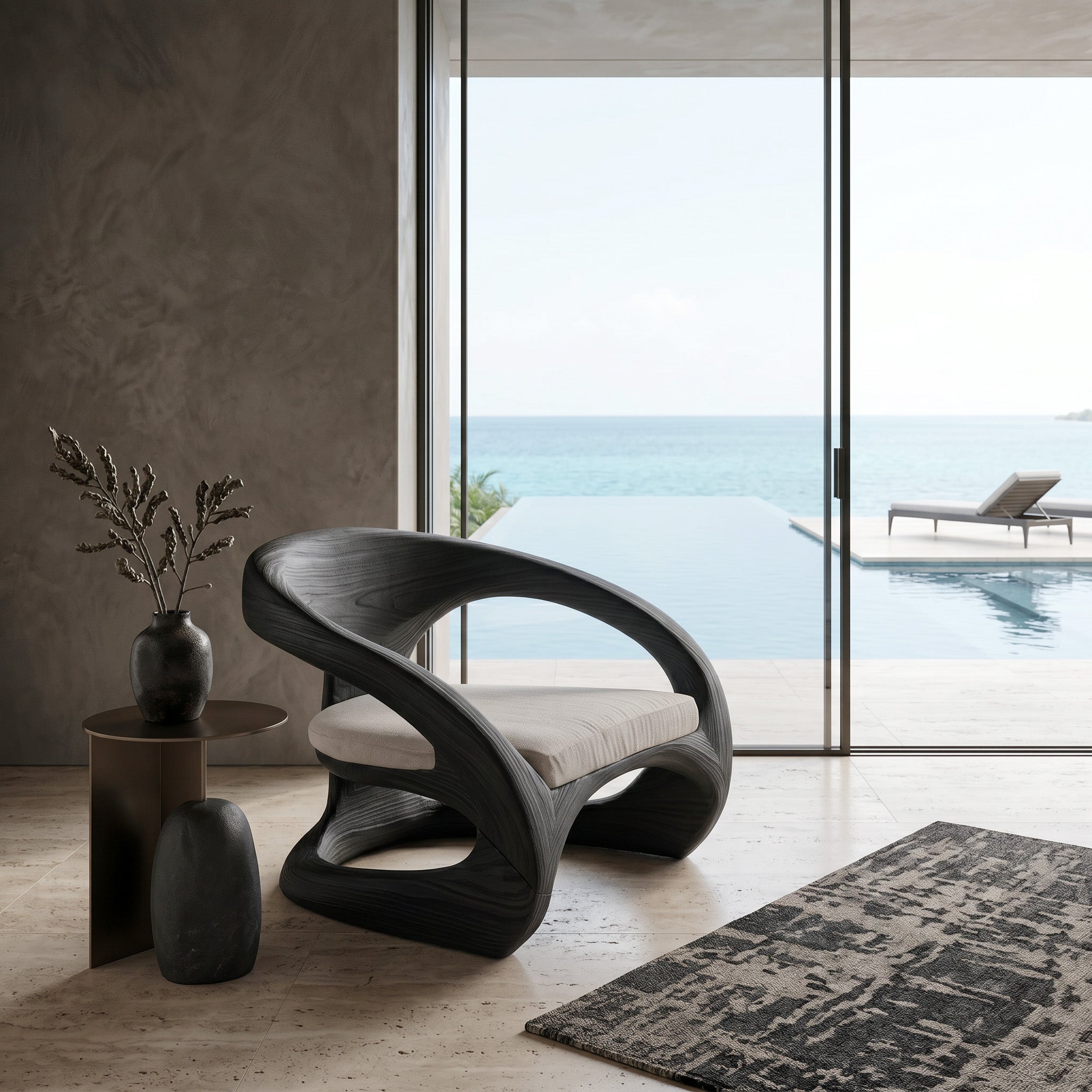Artistic Curved Armchair Without Upholstered Seat For Living Room
