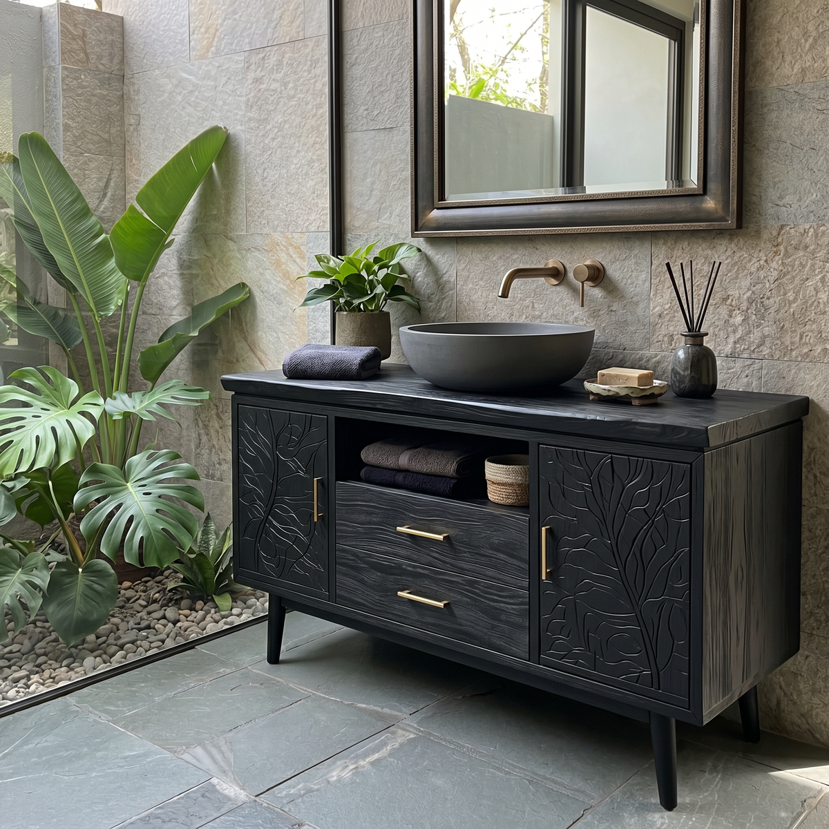 Botanical Wooden Sink Vanity For Spa Retreat