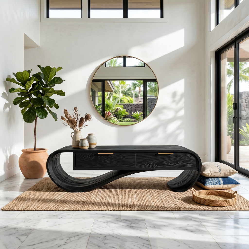 Contemporary Curved Bench With Drawer Storage For Entryway Interior