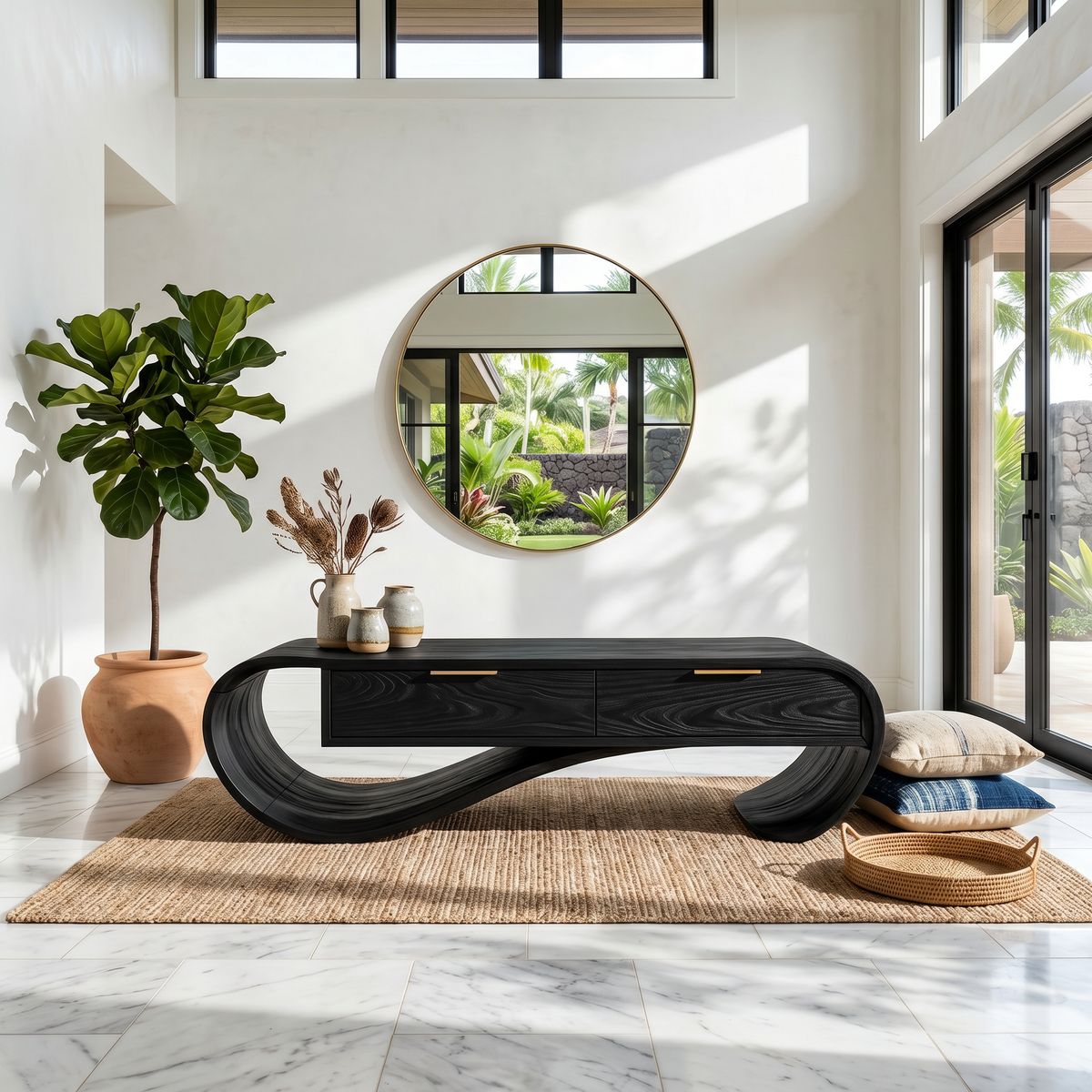 Contemporary Curved Bench With Drawer Storage For Entryway Interior