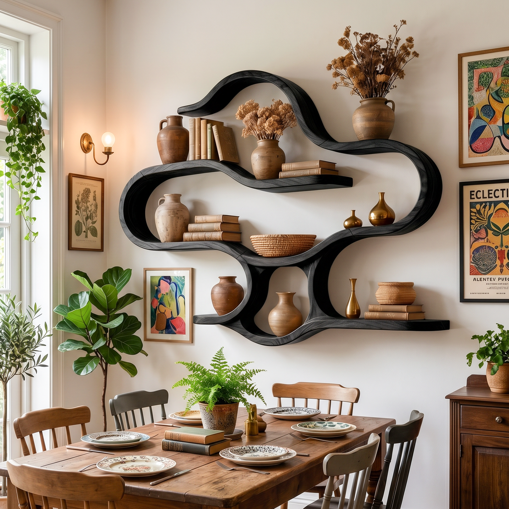 Boho Wooden Wall Mounted Display Shelves for Living Room