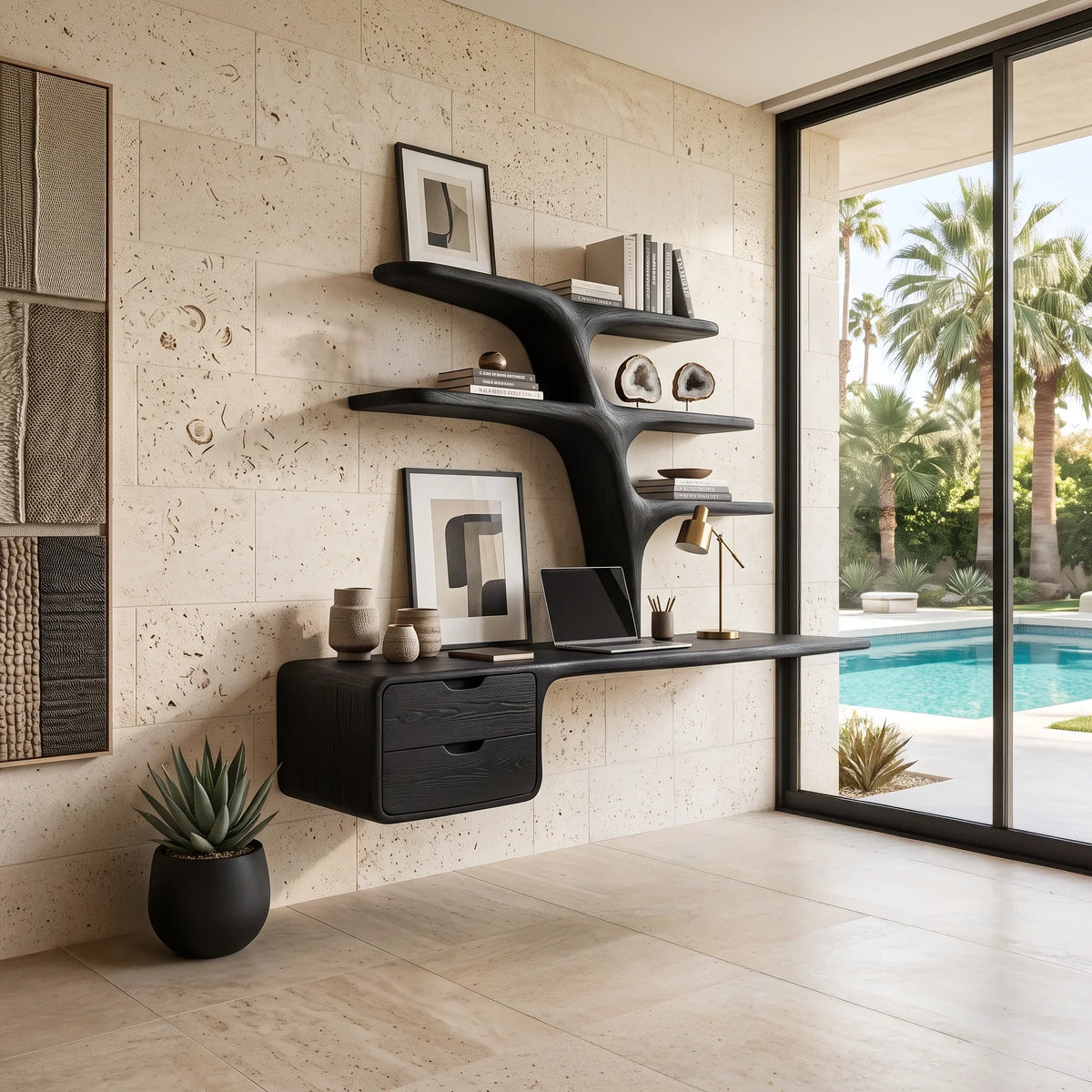 Contemporary Floating Desk Tree Form Bookshelf And Drawer For Workspace