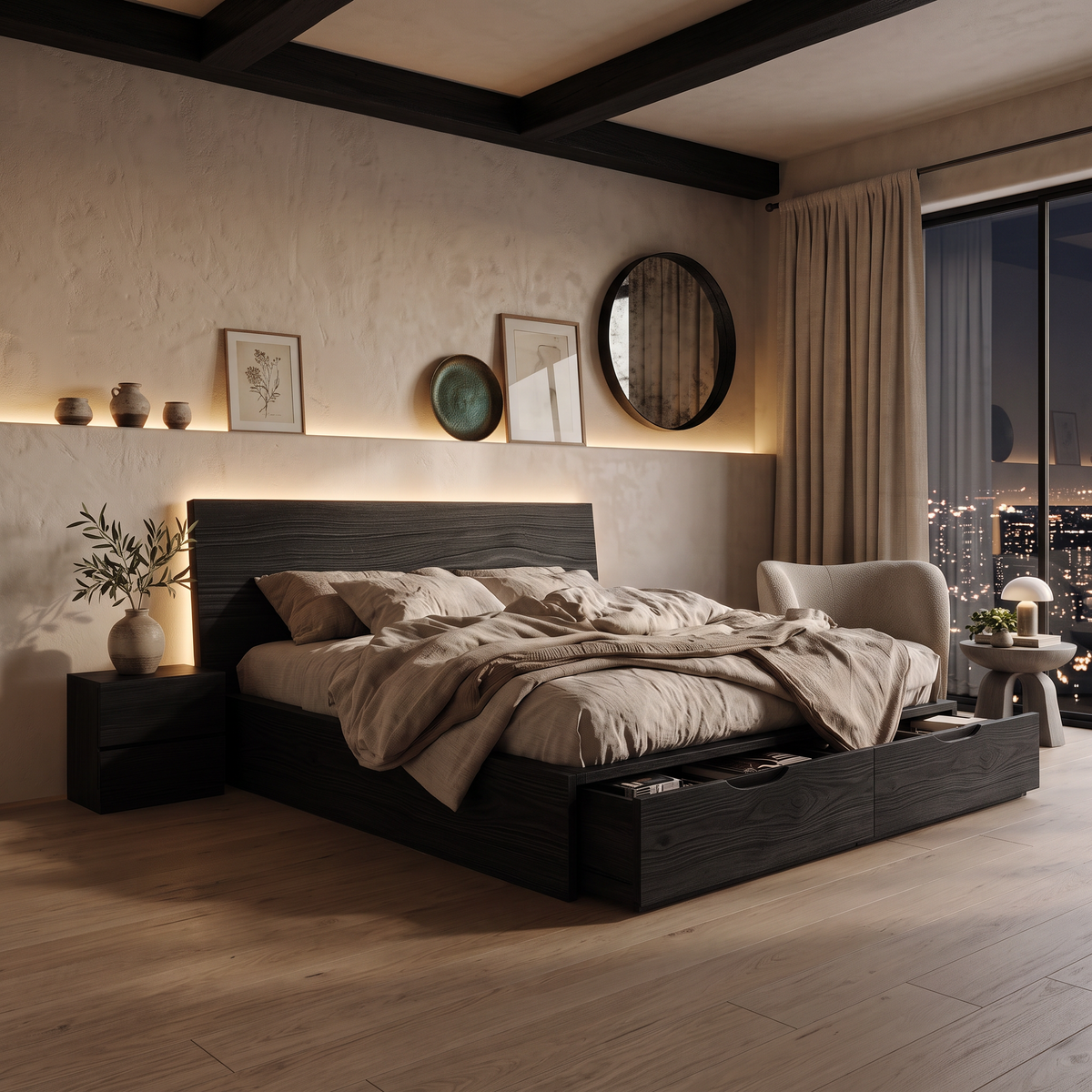 Contemporary Bed And Built-In Drawers For Bedroom