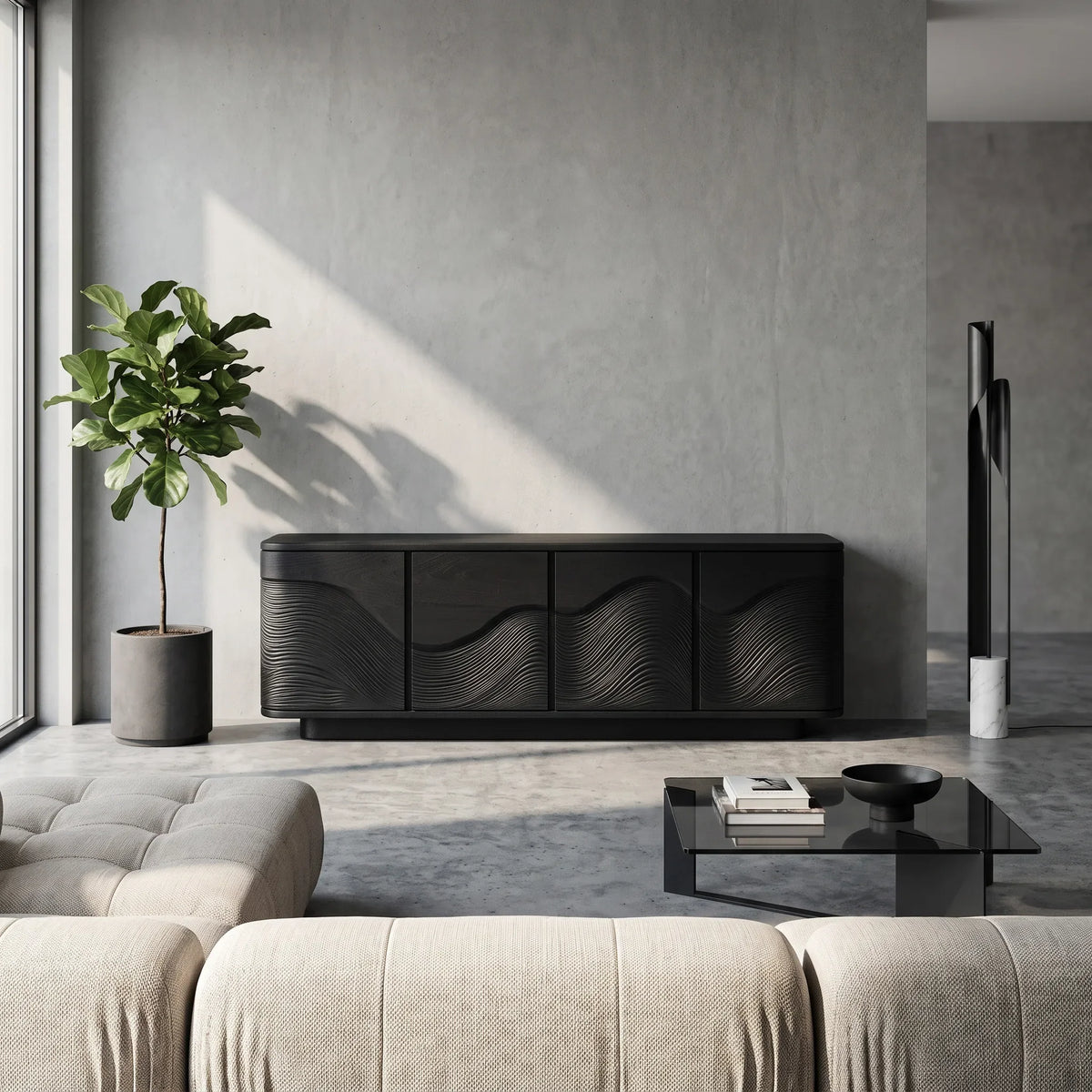 Contemporary Flowing Wave Carved Sideboard For Living Room