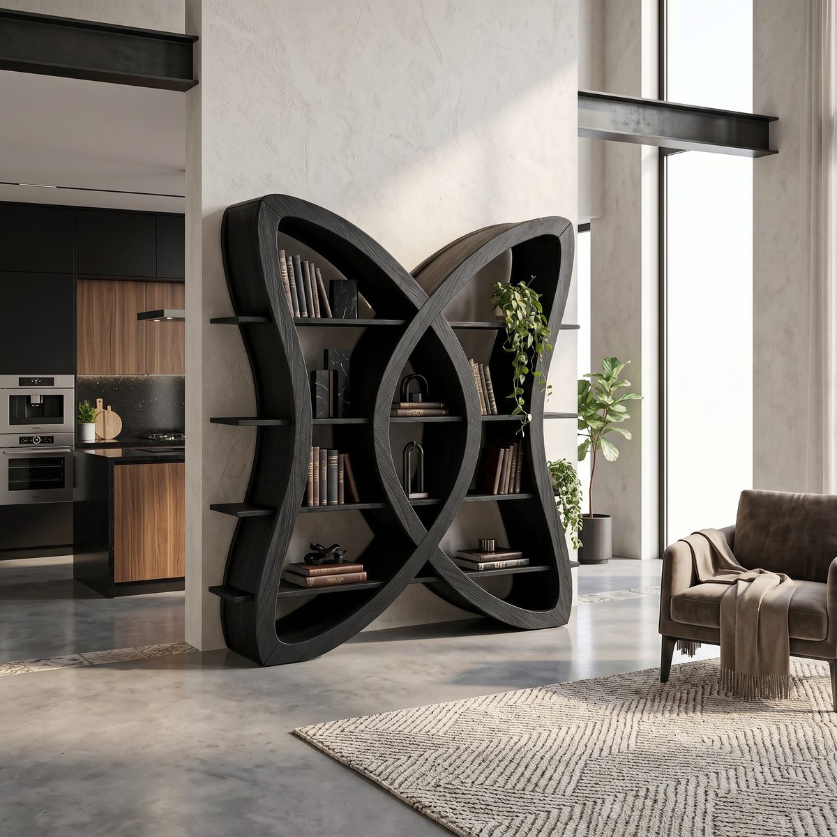 Butterfly Inspired Wooden Bookcase In Organic Style