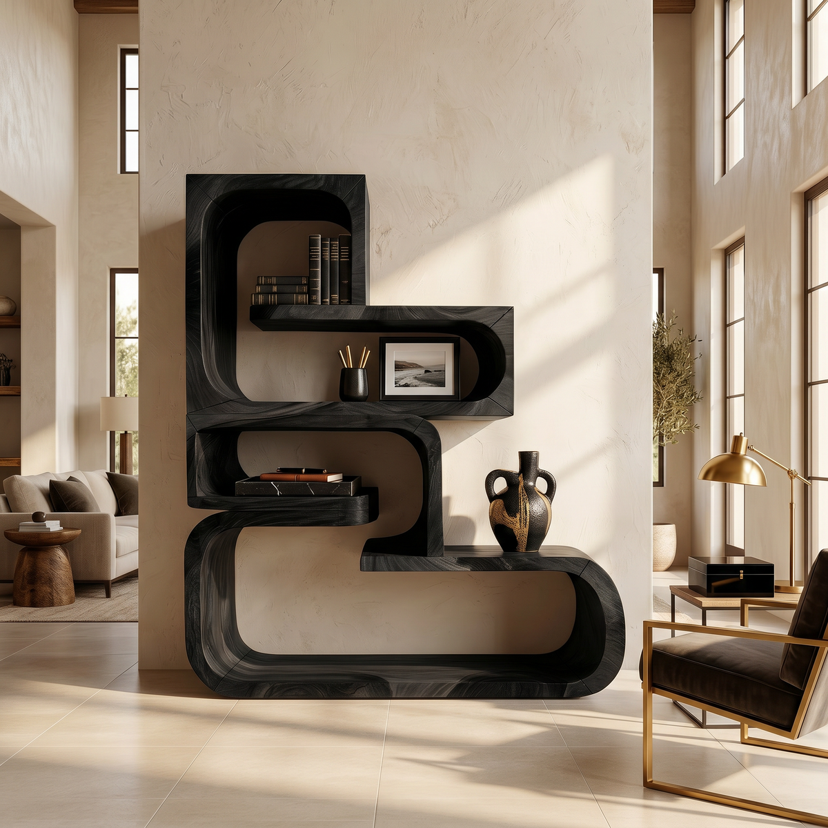 Contemporary Wave Edge Wooden Bookcase In Natural Finish - view 4