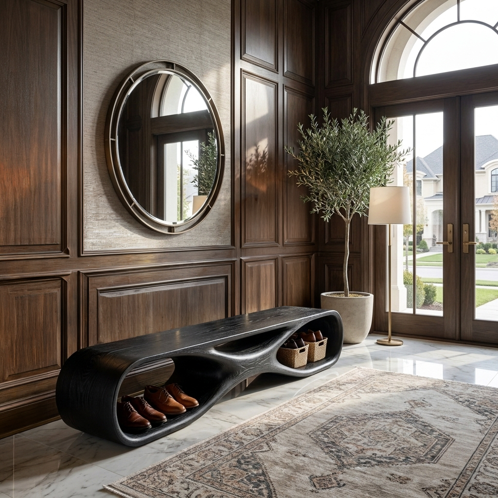 Artistic Wooden Bench With Organic Shape For Hallway