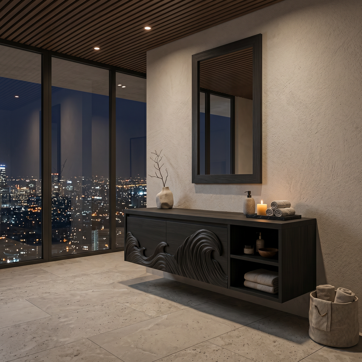 Contemporary Floating Bathroom Vanity With Raised Wave Pattern For Bathroom
