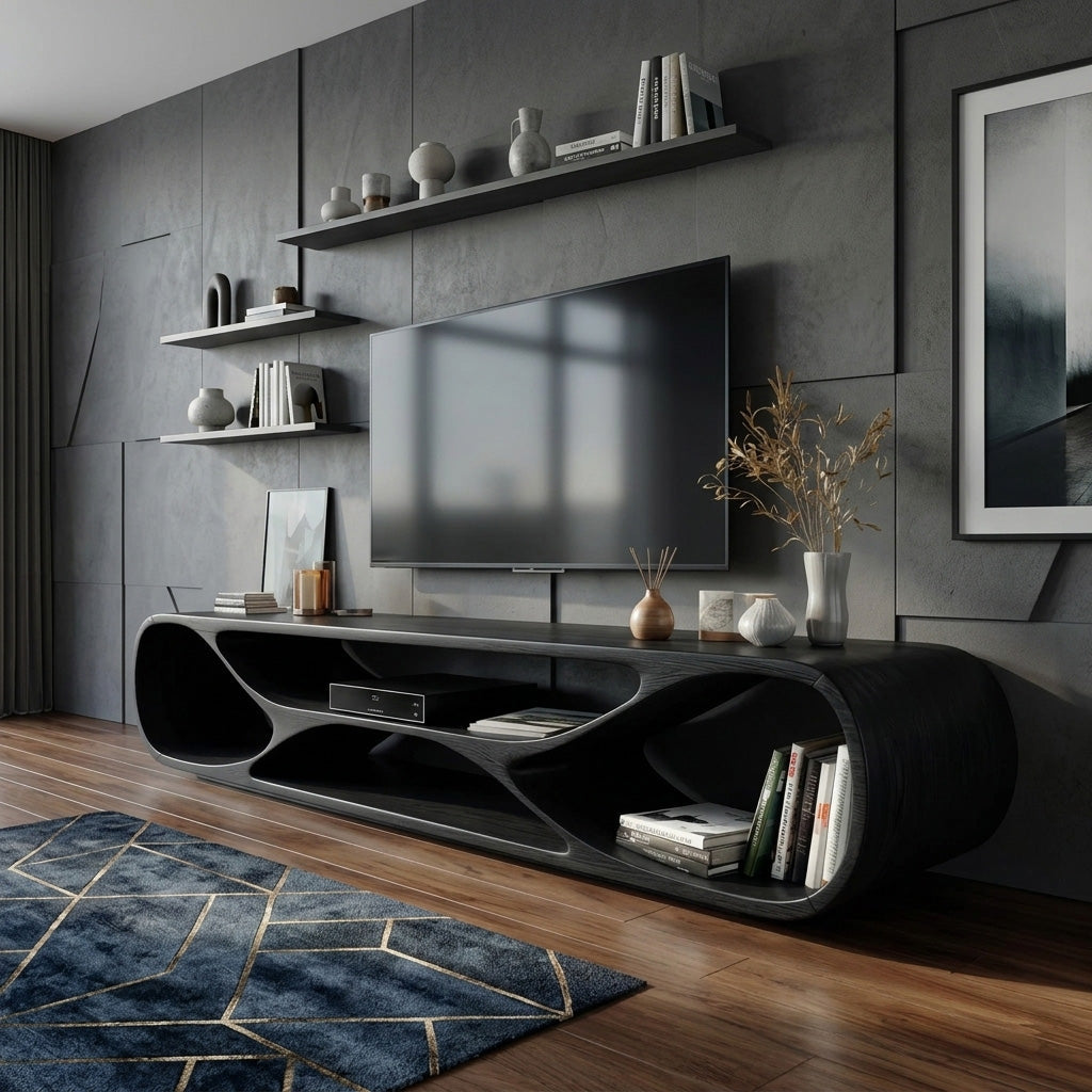 Contemporary Curved Wood TV Stand For Modern Living Room