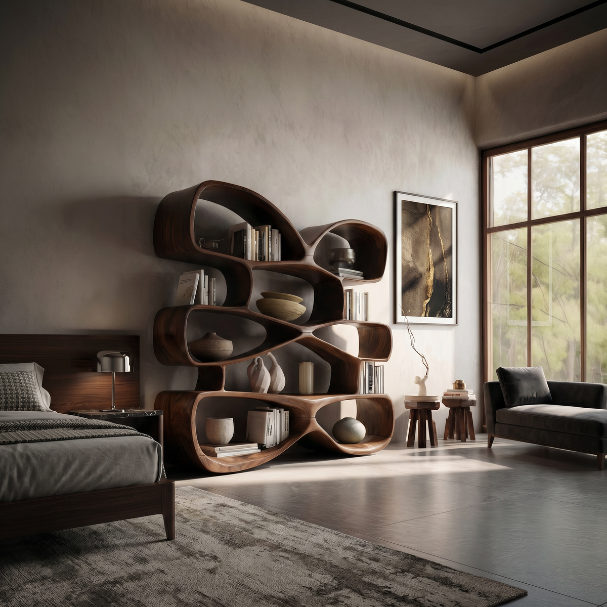 Contemporary Biomorphic Wooden Bookshelf In Fluid Design