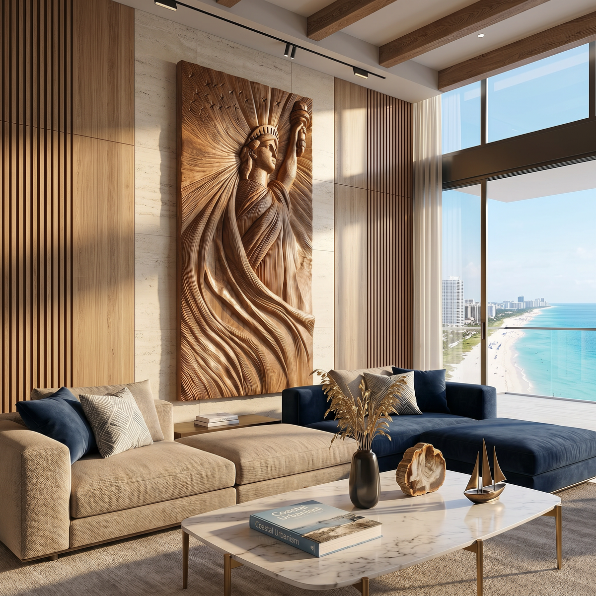 Coastal Modern Liberty Statue Wood Wall Art Luxury Villa Bedroom