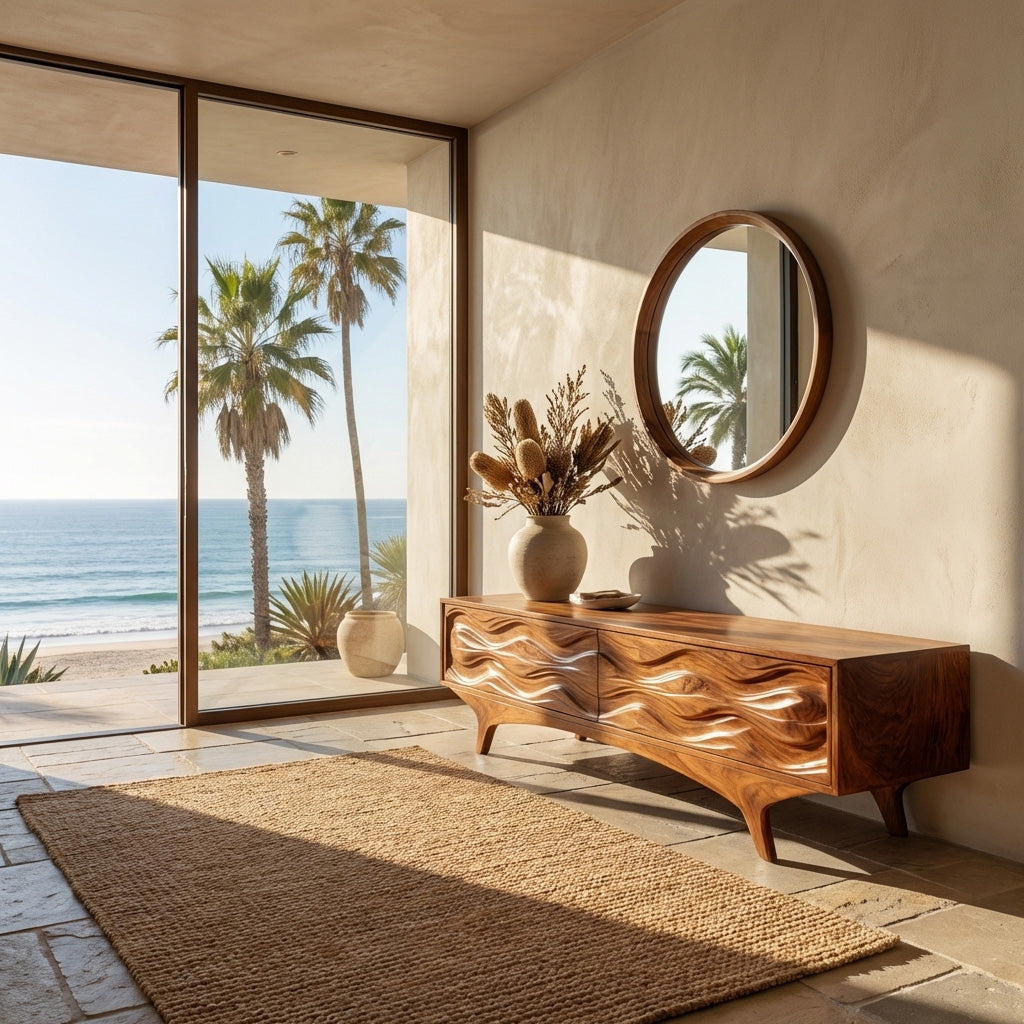 Coastal Wave Carved Storage Bench For Entryway