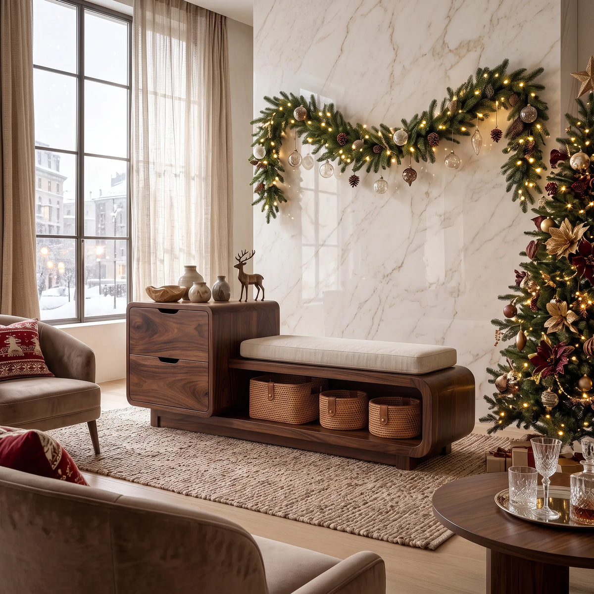 Christmas Wooden Storage Bench Cushion For Cozy Bedroom Decor
