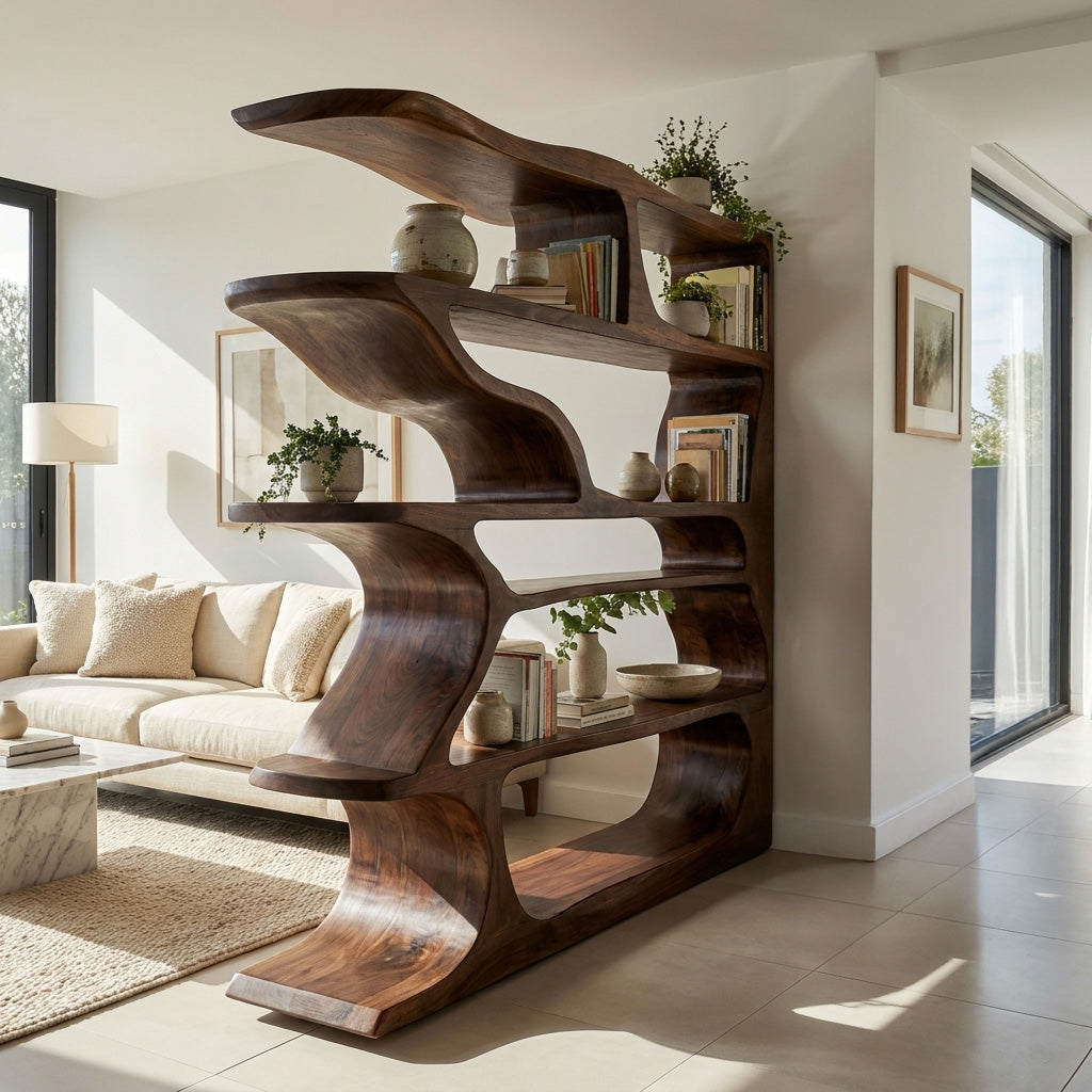 Contemporary Artistic Wooden Bookshelf For Living Room Storage