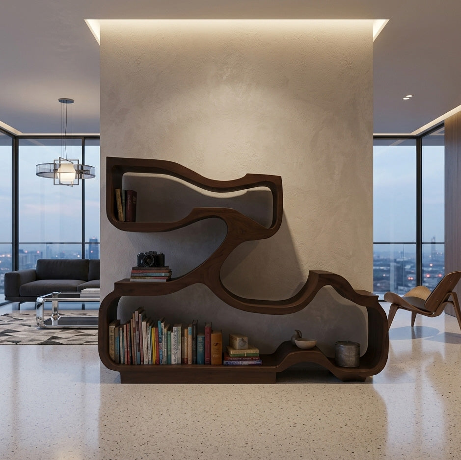 Artistic Bookshelf With Flowing Design For Living Room