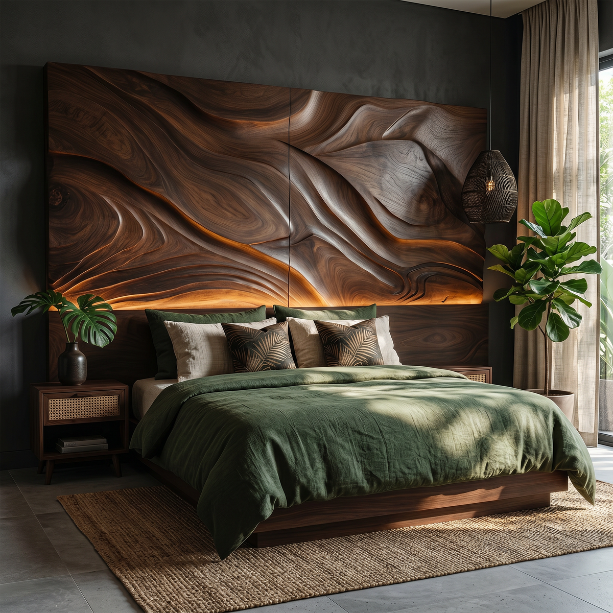 Abstract Flowing Wood Headboard For Luxury Coastal Villa Bedroom