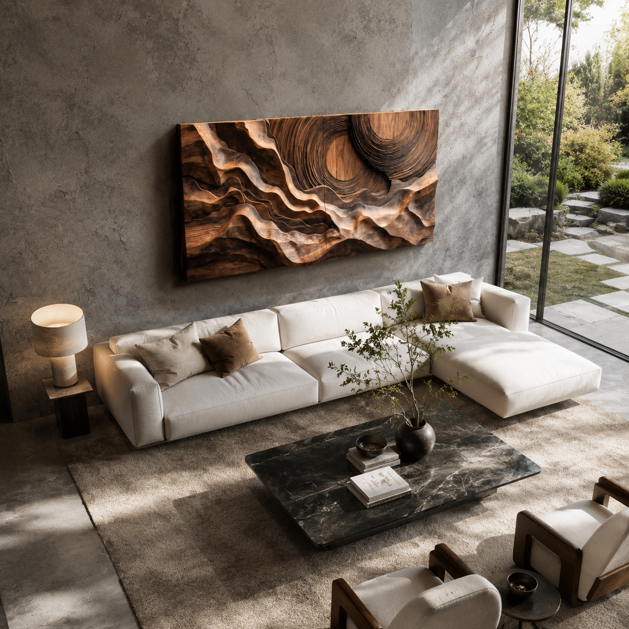 Abstract Sculptural Wood Wall Art With Carved Landscape For Interior