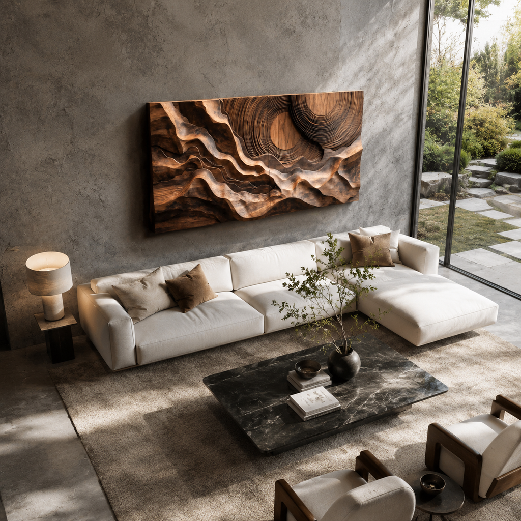 Abstract Sculptural Wood Wall Art With Carved Landscape For Interior