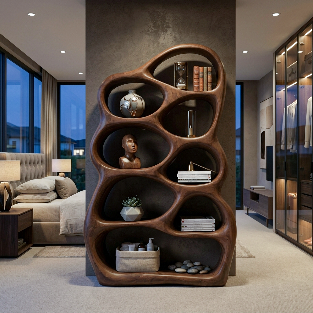 Artistic Sculptural Wood Bookshelf With Multi Tiers For Living Room