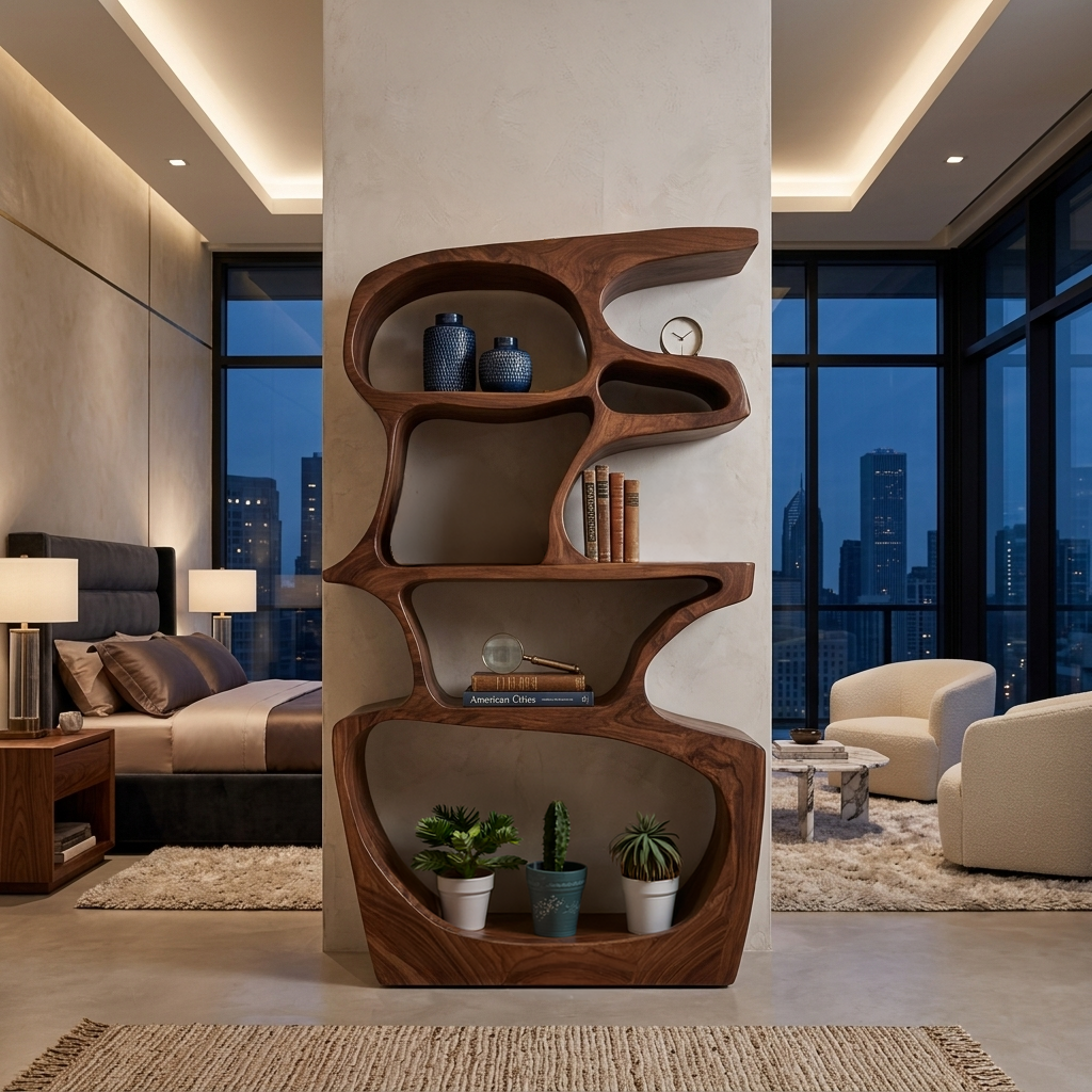 Artistic Bookshelf With Sculptural Open Shelves For Home Styling