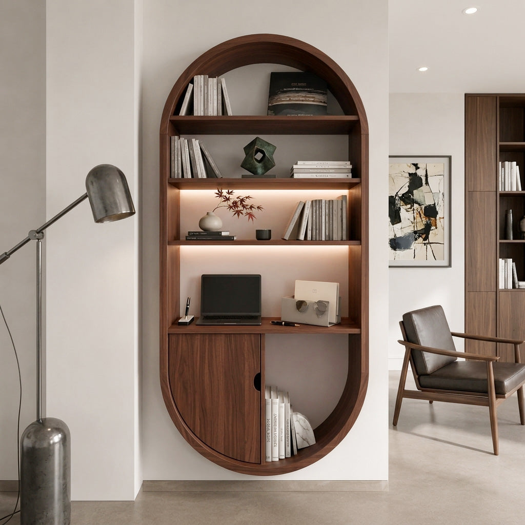 Arched Wooden Wall Bookshelf With Storage For Living Room