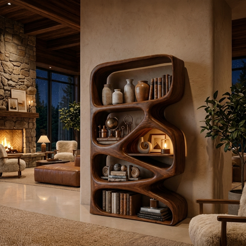 Artistic Wooden Bookshelf With Functional Open Display Shelving For Living