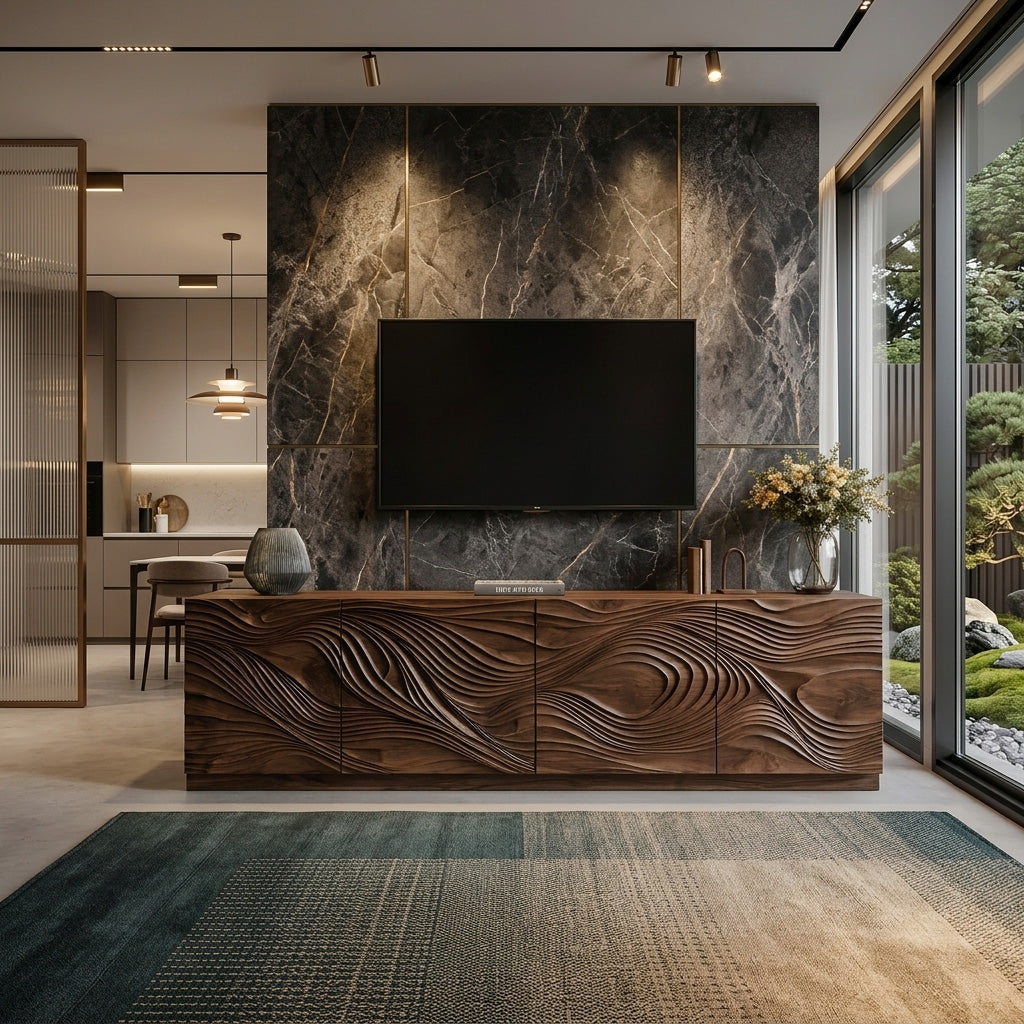 Artistic TV Console With Wave Pattern For Elegant Living Room