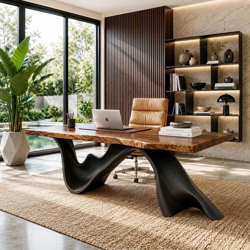 Contemporary Live Edge Sculptural Executive Desk For Home Office